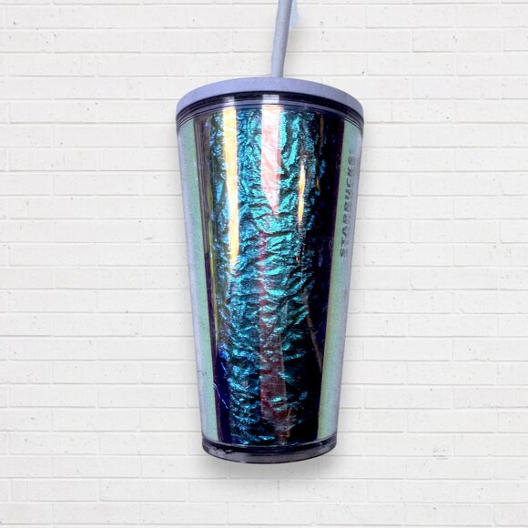 STARBUCKS Holiday 2019 Iridescent 16 oz Unicorn Foil Tumbler Cold Cup Lid Straw - Picture 3 of 7